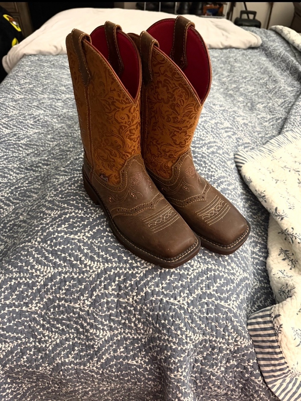 Justin Boots Brown Foot with Tan Embroidered Shaft Women's Heeled Western Boots